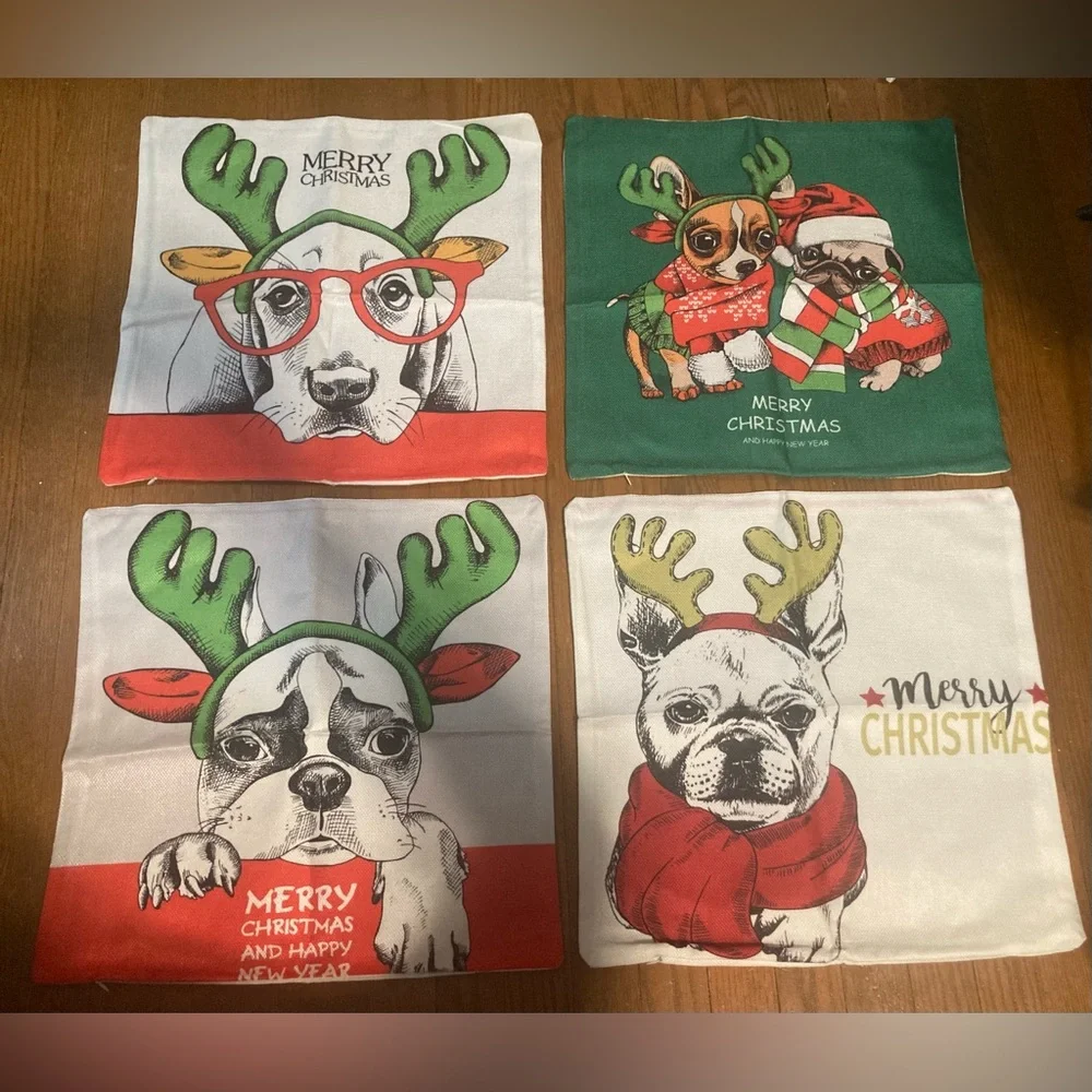 Pillow Covers Winter Christmas Dog Themed Set of 4 18